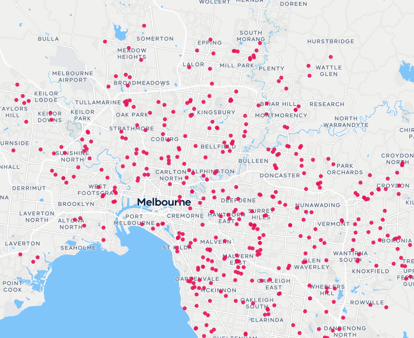 a map of all of the aged care homes in melbourne marked in red