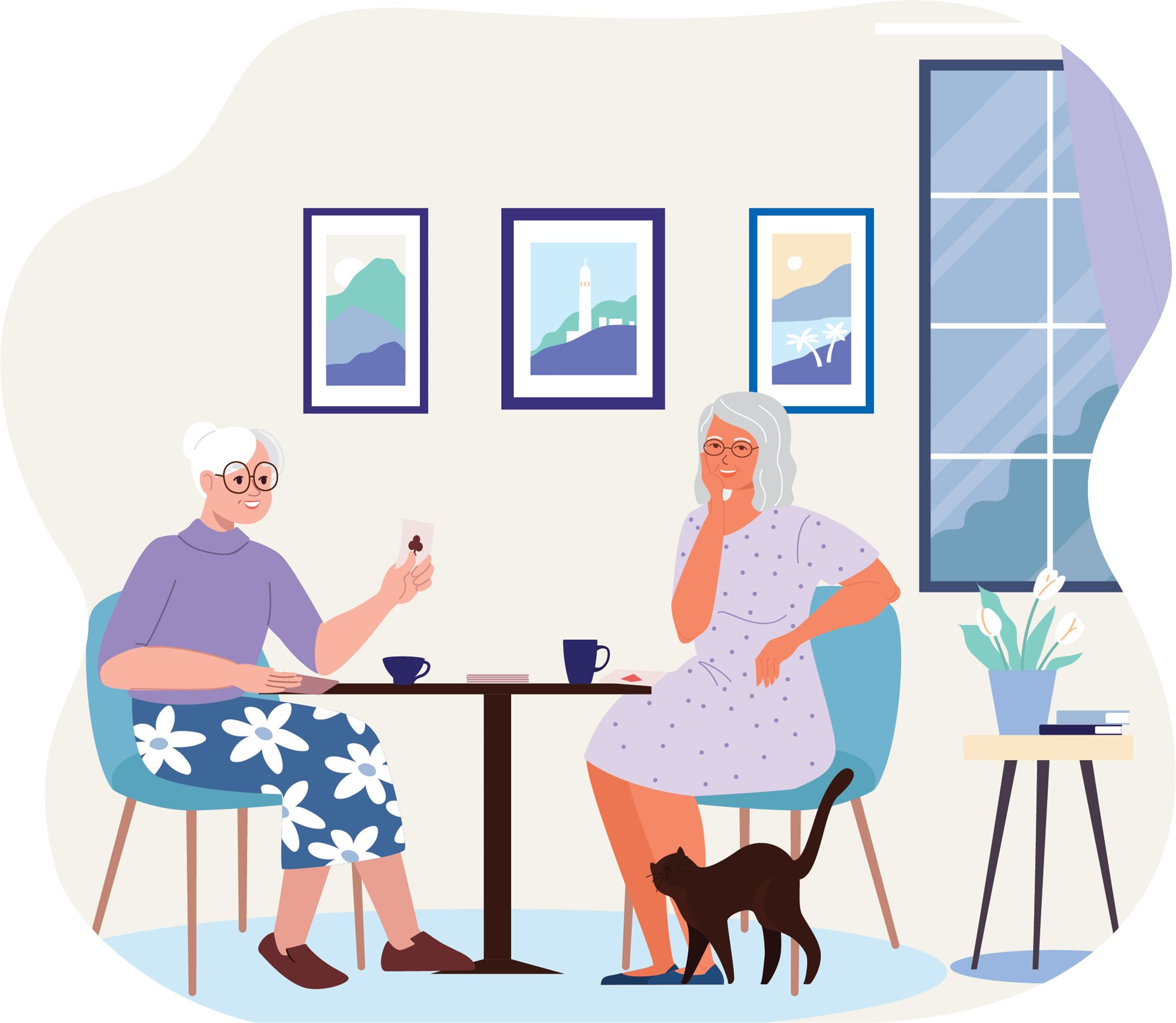 illustration of two ladies playing cards in aged care