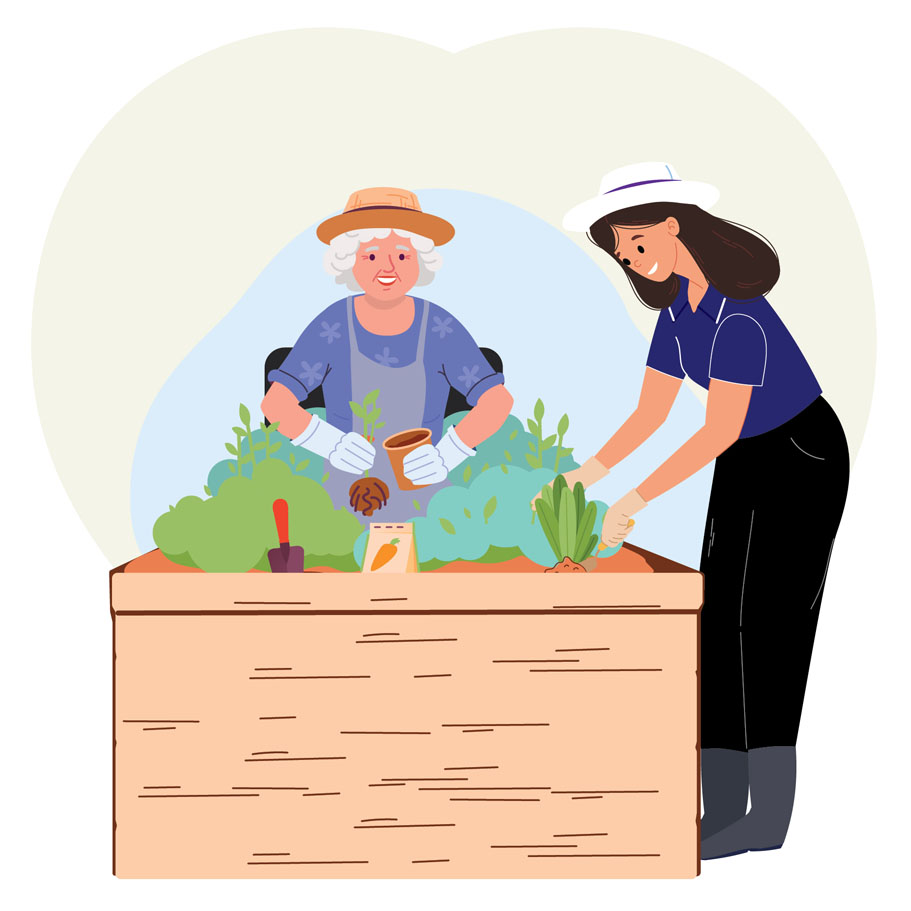 illustration of aged care resident in garden with staff